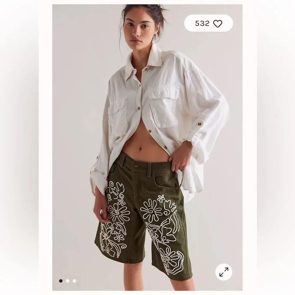 We The Free Beige Embroidered Cruisin' Soutache Long Shorts